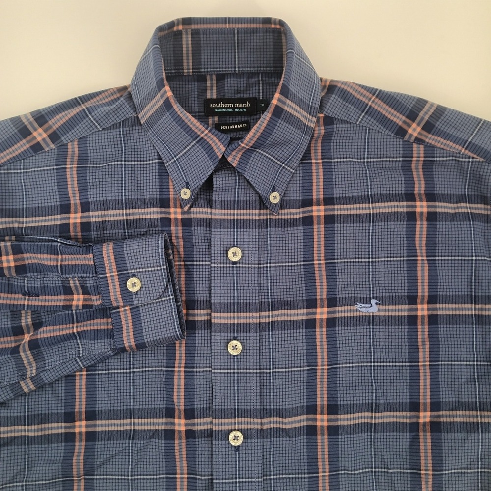 Southern Marsh Performance Mens Medium Blue Orange Plaid Button Down Shirt